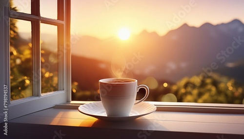 a cup of hot tea or coffee on the windowsill, mountains and sunset outside the window. 