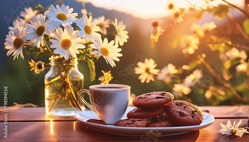 a cup of hot coffee or cappuccino on the windowsill, a vase with daisies, a beautiful view from the window - sunset. 