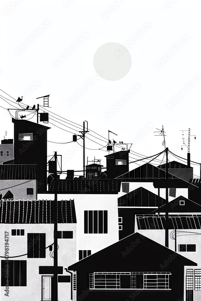Naklejka premium detailed black and white illustration of a cityscape with birds on the electric wires