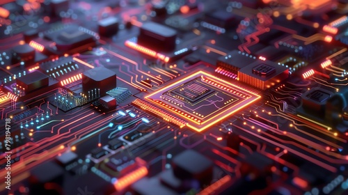 Highresolution graphic of a nanoelectronic circuitdisplaying densely packed circuits and nanodeviceseach part labeled to show its purpose and scale.