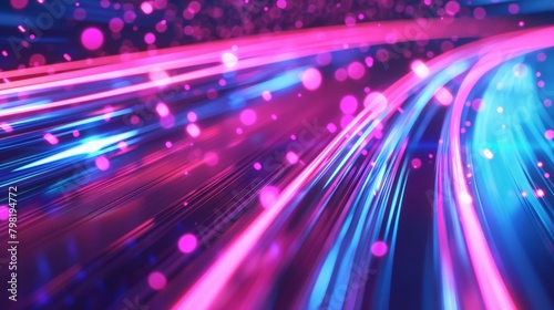 Vibrant depiction of moving pink and blue glowing neon lines with bokeh lights on an abstract background, representing high-speed data transfer photo