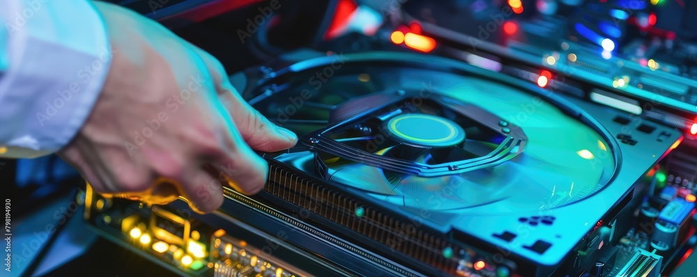 Naklejka premium An expert technician use hard disc to diagnose and inspect server hardware components in a data center