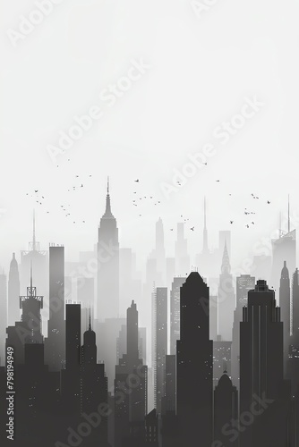 Pure minimalist design of a city skyline, using a single shade of grey and very fine lines to sketch out the basic contours of the city s highrises and structures, emphasizing mini photo
