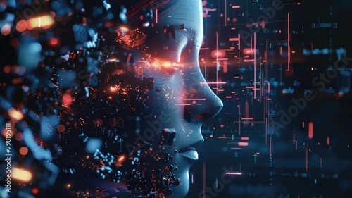 powerful AI overshadowing a dissipating AI form, illustrating survival of the fittest in a cybernetic world, set within a digital ecosystem photo