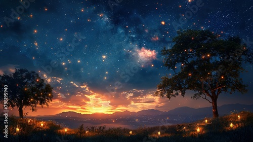   A stunning depiction of a star-filled night sky above towering trees illuminated by nearby lights