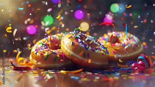 Close-up of glazed donuts with colorful sprinkles on a black background