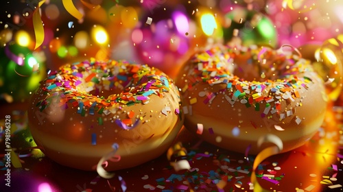 Close-up of glazed donuts with colorful sprinkles on a black background