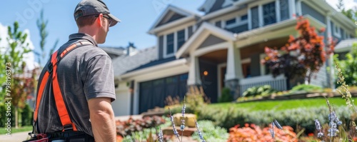 landscaper inspects a residential garden, clipboard in hand, to evaluate the property's greenery