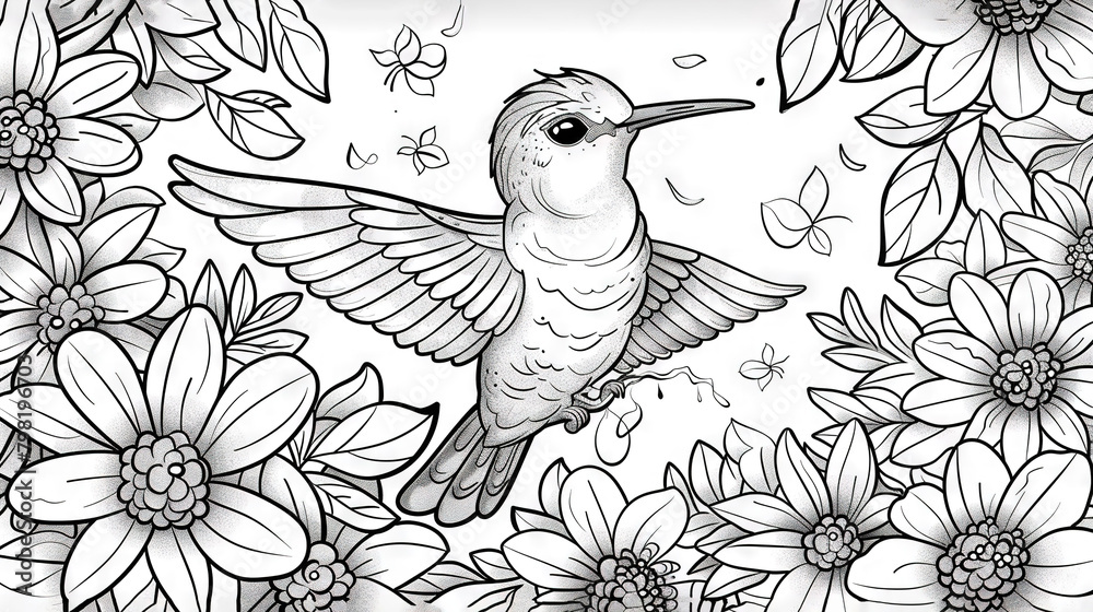 Obraz premium A monochromatic illustration depicts a hummingbird soaring over a meadow filled with daisies