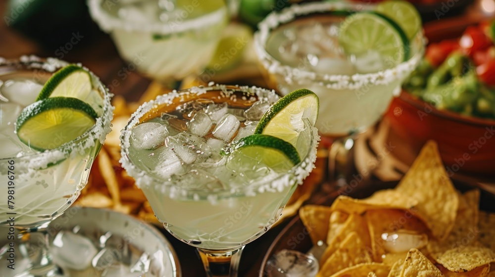 A zoomed in shot capturing glasses brimming with lime margarita cocktails nestled amidst a spread of nacho chips guacamole and salsa