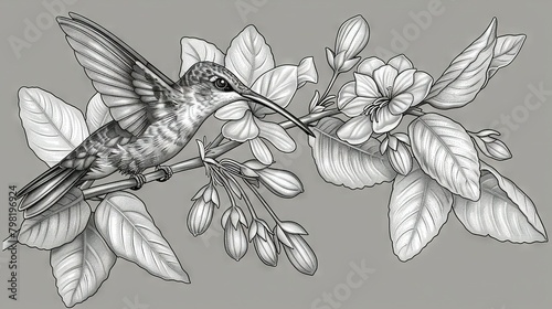  A monochromatic illustration of a hummingbird resting atop a tree branch adorned with blossoms