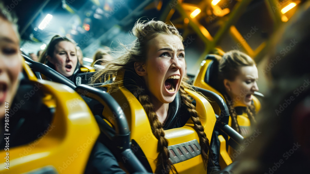 Group of people riding on top of roller coaster at amusement park. Group of people riding on top of roller coaster at amusement park.