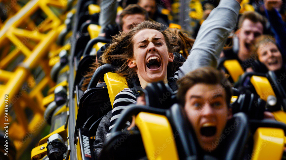 Group of people riding roller coasters at carnival or amusement park.