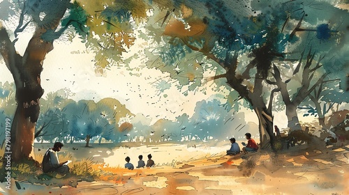 Illustrate a serene countryside landscape, where students from diverse backgrounds participate in remote learning under a canopy of trees, utilizing traditional art medium of watercolor to evoke a sen