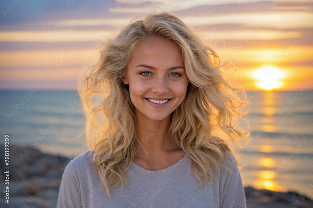 A beautiful blonde girl with gray eyes.Portrait on the beach at sunset.