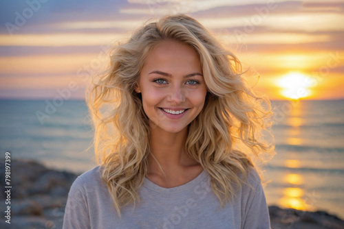 A beautiful blonde girl with gray eyes.Portrait on the beach at sunset.