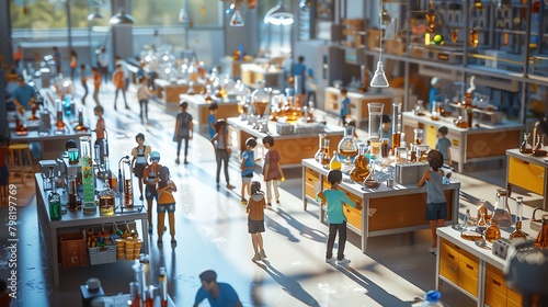 Capture a high-angle view of a bustling STEM science lab, with intricate 3D-rendered scientific equipment and students fully engaged in experiments Blend photorealistic details to convey a dynamic lea