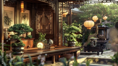 A traditional Chinese tea house with carved wood furniture, silk lanterns, and bonsai trees.