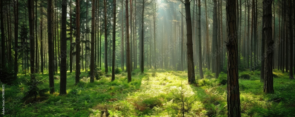 Beautiful forest scene bathed in sunlight with tall trees and lush green underbrush, evoking a sense of peace and wilderness.