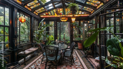 A Victorian greenhouse conservatory with wrought iron furniture, stained glass windows, and exotic plants. © Adnan saheem