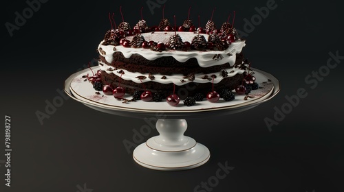 Chocolate cake with cherries and pine cones on a dark background