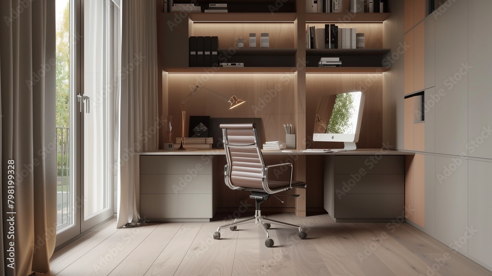 Contemporary home office with built-in storage and a minimalist desk