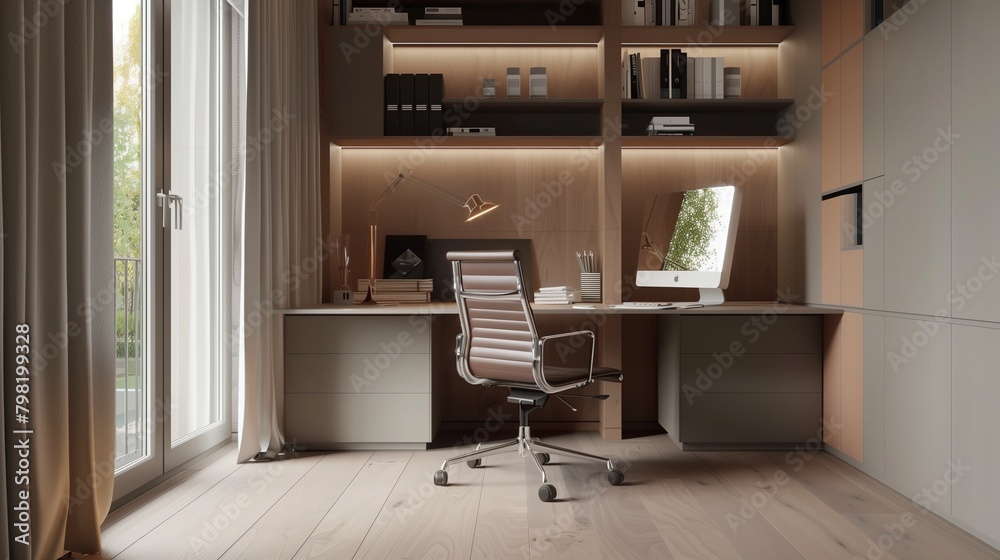 Contemporary home office with built-in storage and a minimalist desk Contemporary home office with built-in storage and a minimalist desk
