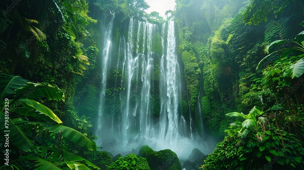 majestic waterfall in lush forest, misty spray , Stable Diffusion