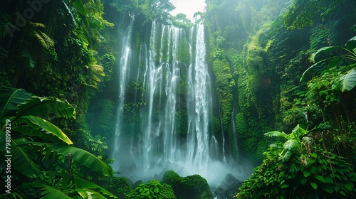 majestic waterfall in lush forest, misty spray , Stable Diffusion