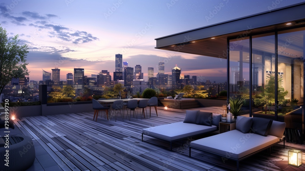 Fototapeta premium Contemporary rooftop terrace with sleek furniture and city skyline backdrop