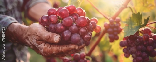 Hand tenderly holding a bunch of ripe grapes in a sunlit vineyard, showcasing the beauty and bounty of harvest time.