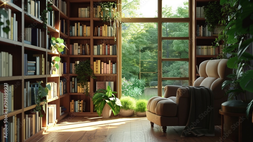 Fototapeta premium Cozy reading nook with a comfortable armchair and floor-to-ceiling bookshelves