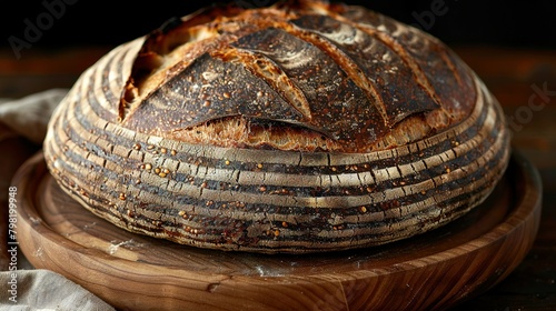  A loaf of bread rests on a wooden platter on a wooden table, near a napkin