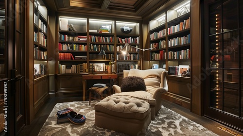 Cozy reading nook with built-in bookshelves and oversized armchair