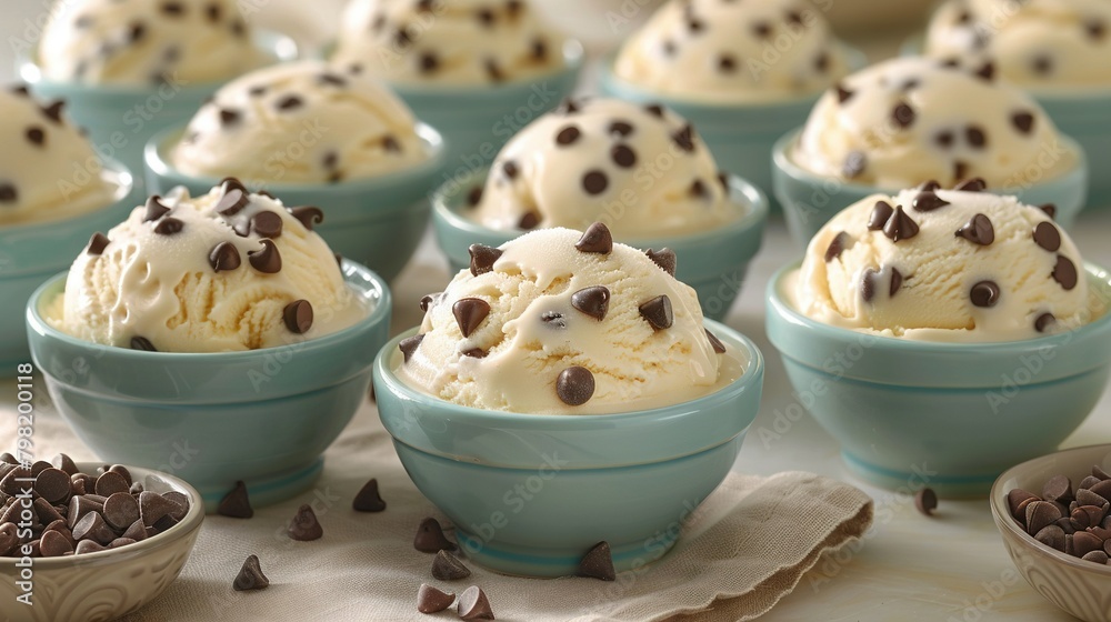 A close-up of a bowl of ice cream topped with chocolate chips, accompanied by another bowl of ice cream with chocolate chips on the side A close-up of a bowl of ice cream topped with chocolate chips, accompanied by another bowl of ice cream with chocolate chips on the side