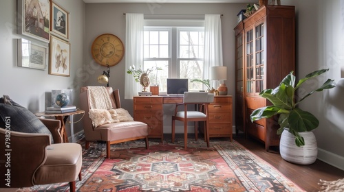 Eclectic home office with a mix of vintage and modern furniture