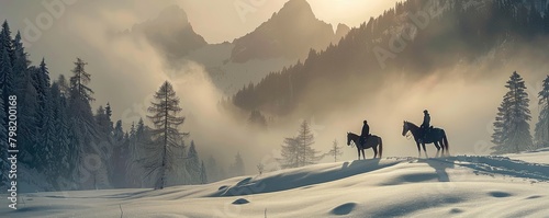 Cowboy leading horses in snowy landscape. banner