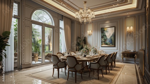 Elegant dining room with a statement chandelier and formal table setting