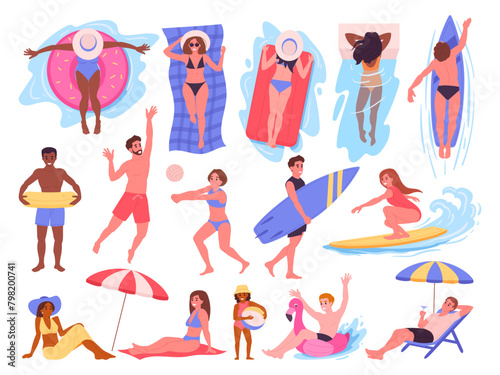 People on summer beach. Pool or sandy beach activities, characters in swimwear sunbathing, swimming on inflatable rings, relaxing under sun flat vector illustration set. Summer vacation pastime