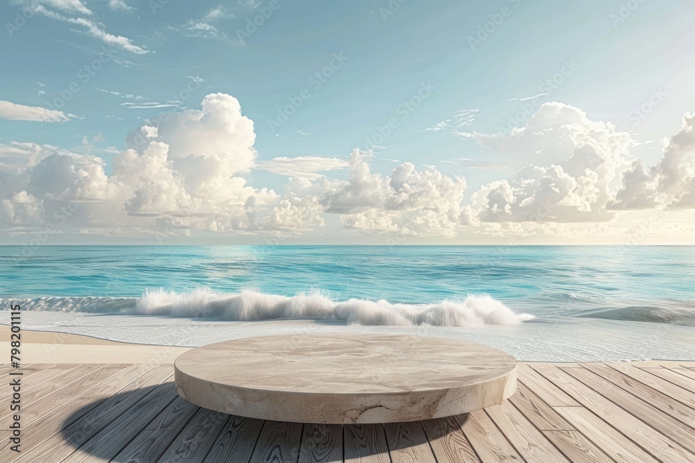 Obraz premium Product podium with beach furniture outdoors horizon.