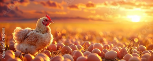 A majestic han or chicken oversees a clutch of eggs nestled in hay against the backdrop of a radiant sunrise on a farm. photo