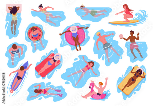 People swimming in ocean or pool. Summer sea vacation, characters floating on inflatable rings, diving and swimming flat vector illustration set. Cartoon people playing in water