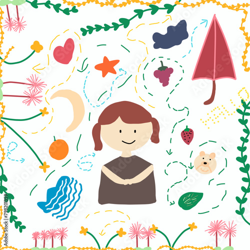 children drawing girls and natural objects and fruits
