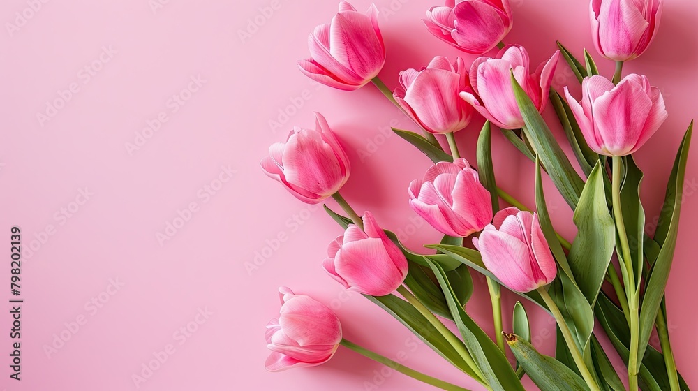 A stunning arrangement of spring flowers featuring a vibrant bouquet of pink tulips set against a soft pastel pink backdrop perfect for celebrating Valentine s Day Easter birthdays Happy Wo