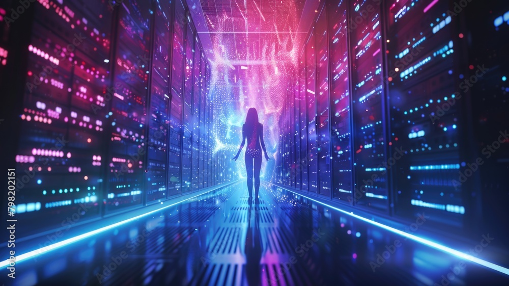Visualize an AI standing in a stance of power, absorbing the ...
