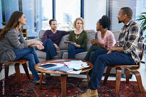Office lounge, business people or meeting with tablet, documents or planning for research, inspiration or project idea. Creative, collaboration or mentor for team with digital checklist or schedule