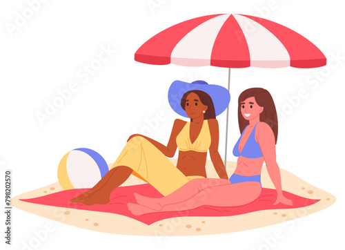Women sunbathing on beach. Girls in swimsuit relaxing under umbrella, beautiful ladies on summer holiday vacation flat vector illustration. Females on beach © GreenSkyStudio