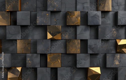 3D render of a black and gold geometric background pattern with cube shapes, in the style of a dark grey wallpaper design for interior decoration, 2048x765px, 9K photo