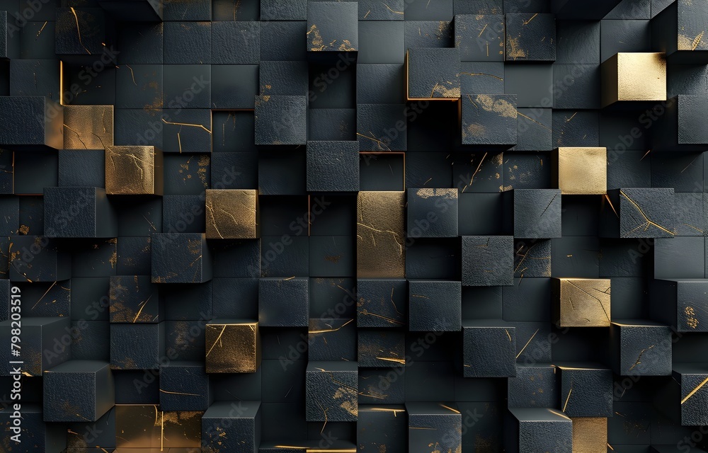 3D render of a black and gold geometric background pattern with cube ...