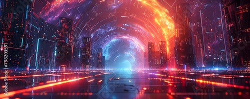 Futuristic City Illuminated by Colorful Light in a Tunnel, To provide a visual representation of a futuristic city, suitable for use as an abstract